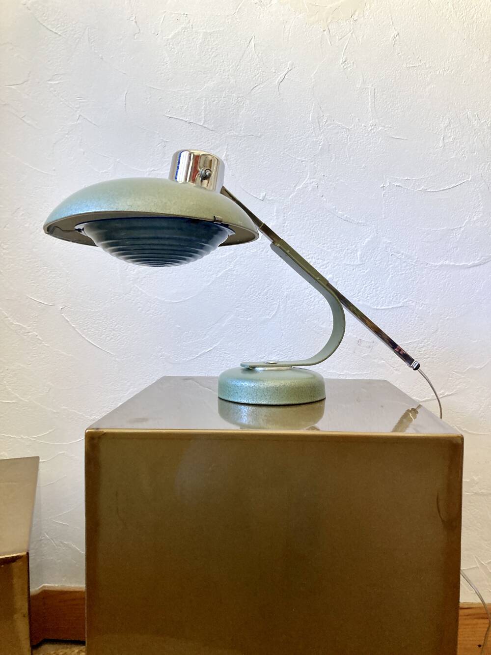Solère telescopic lamp, hammered paint & blue diffuser, 1950s