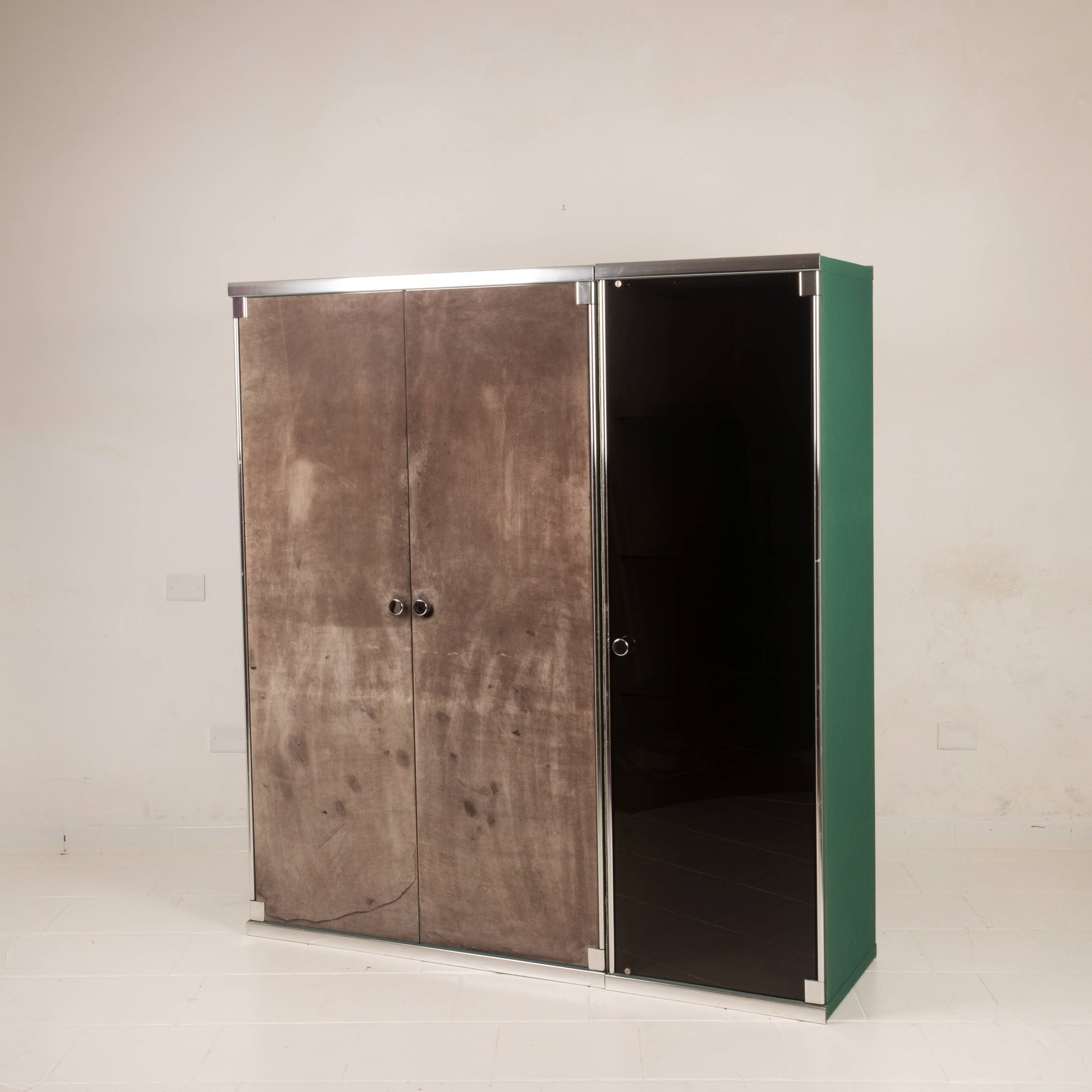 Guido Faleschini Astro Smoked Glass and Suede Cabinets for i4 Mariani 1979