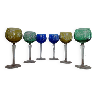 6 verres à vin cristal de Bohème colorés - Pieds taillés - 18,7 cm