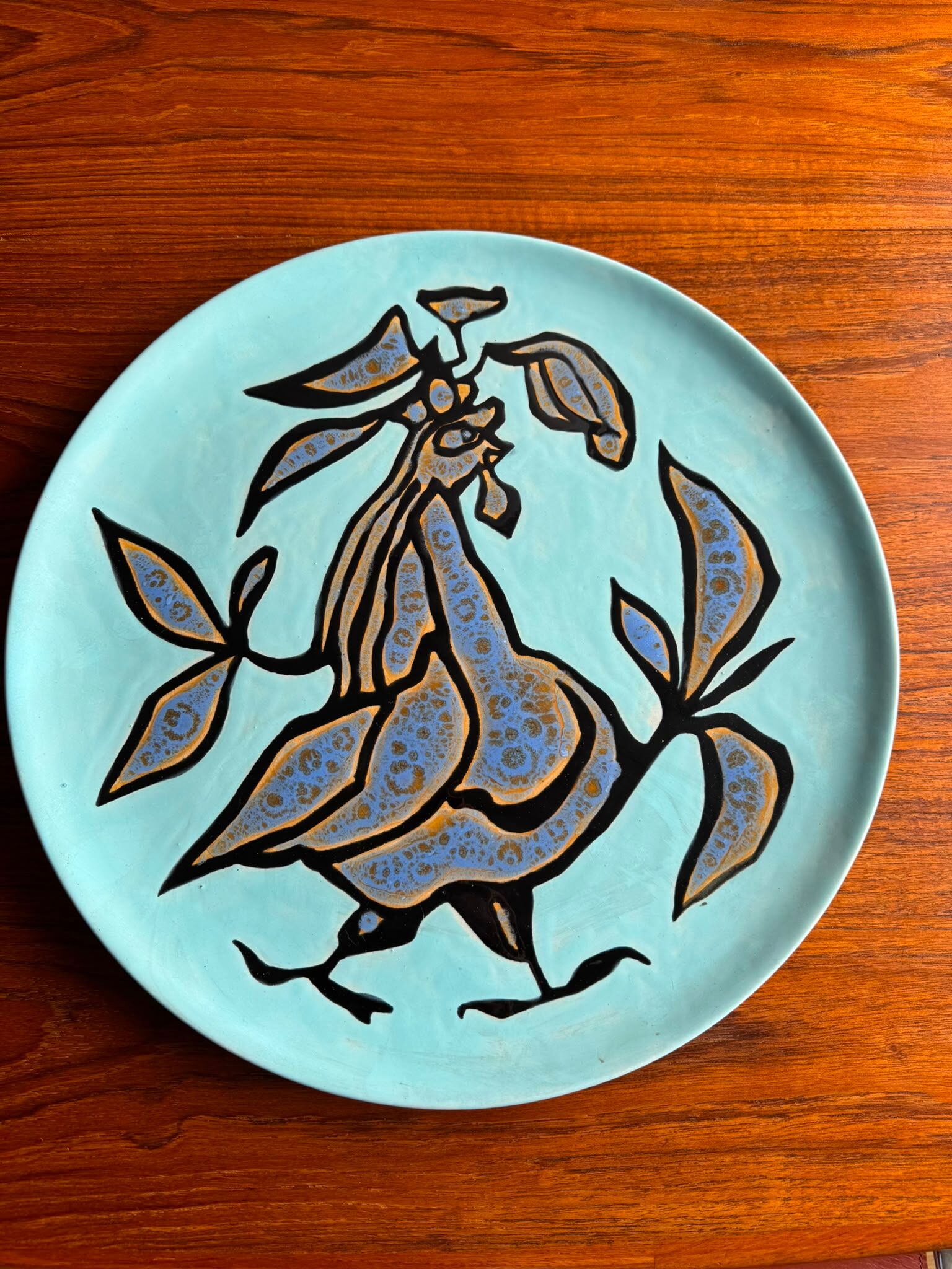 Display plate by Jean Lurçat in blue glazed ceramic