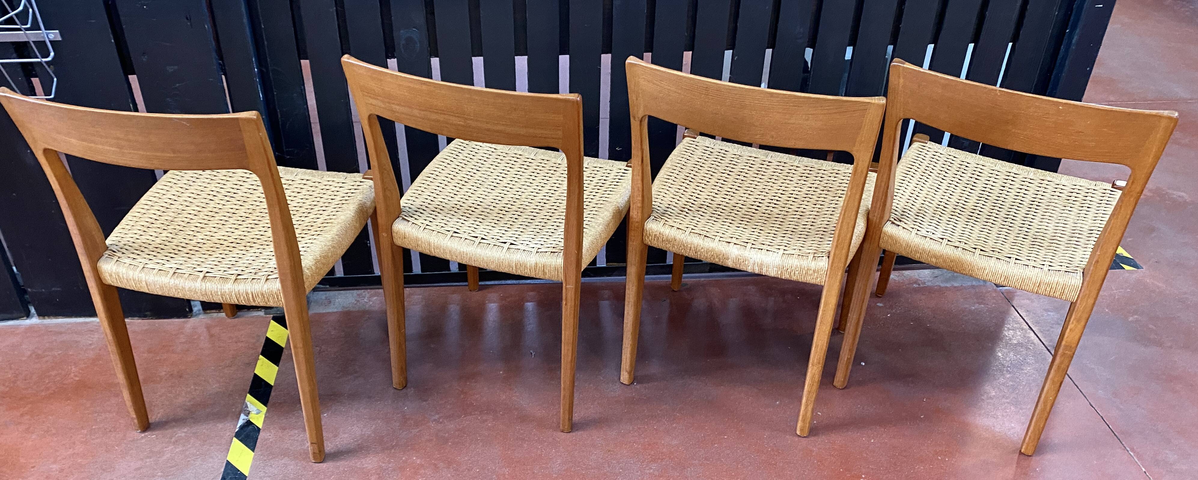 Suite Of 4 Scandinavian Teak And Rope Chairs By Svegards Markaryd