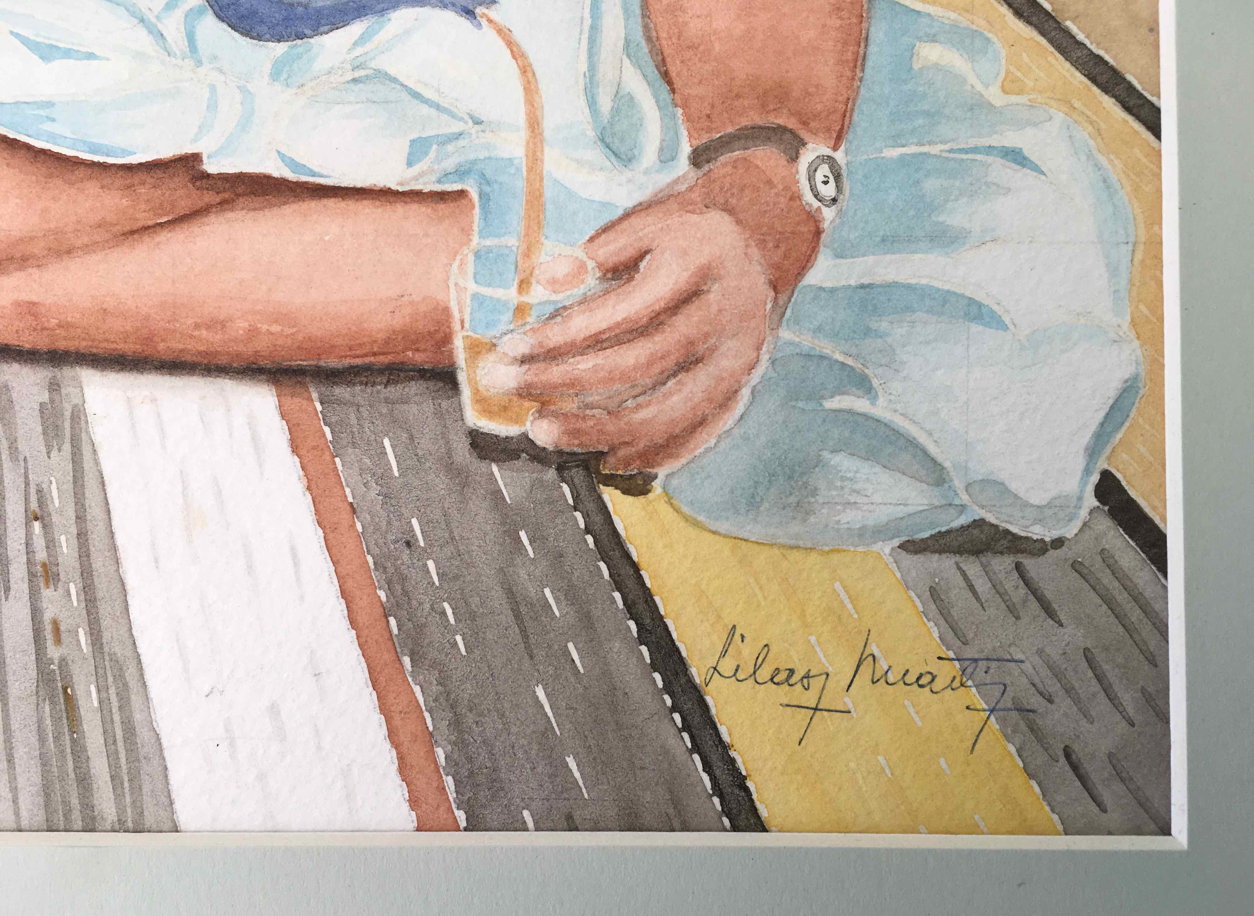 Watercolor portrait Tea time 1970