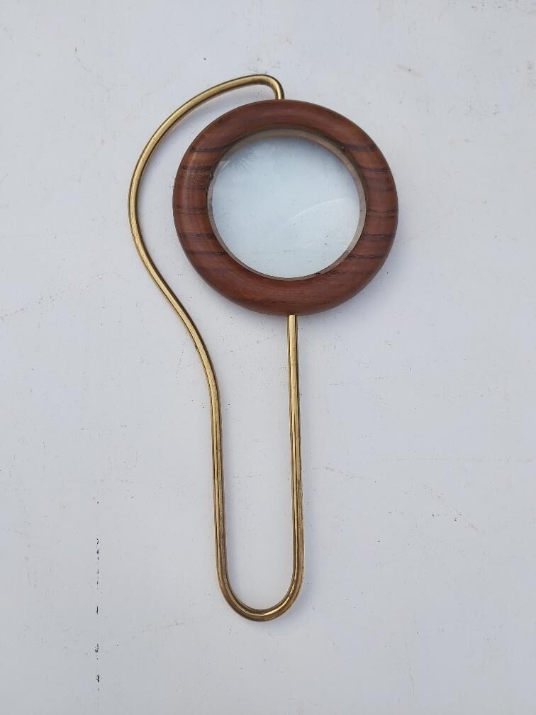 Scandinavian design magnifier wood and brass