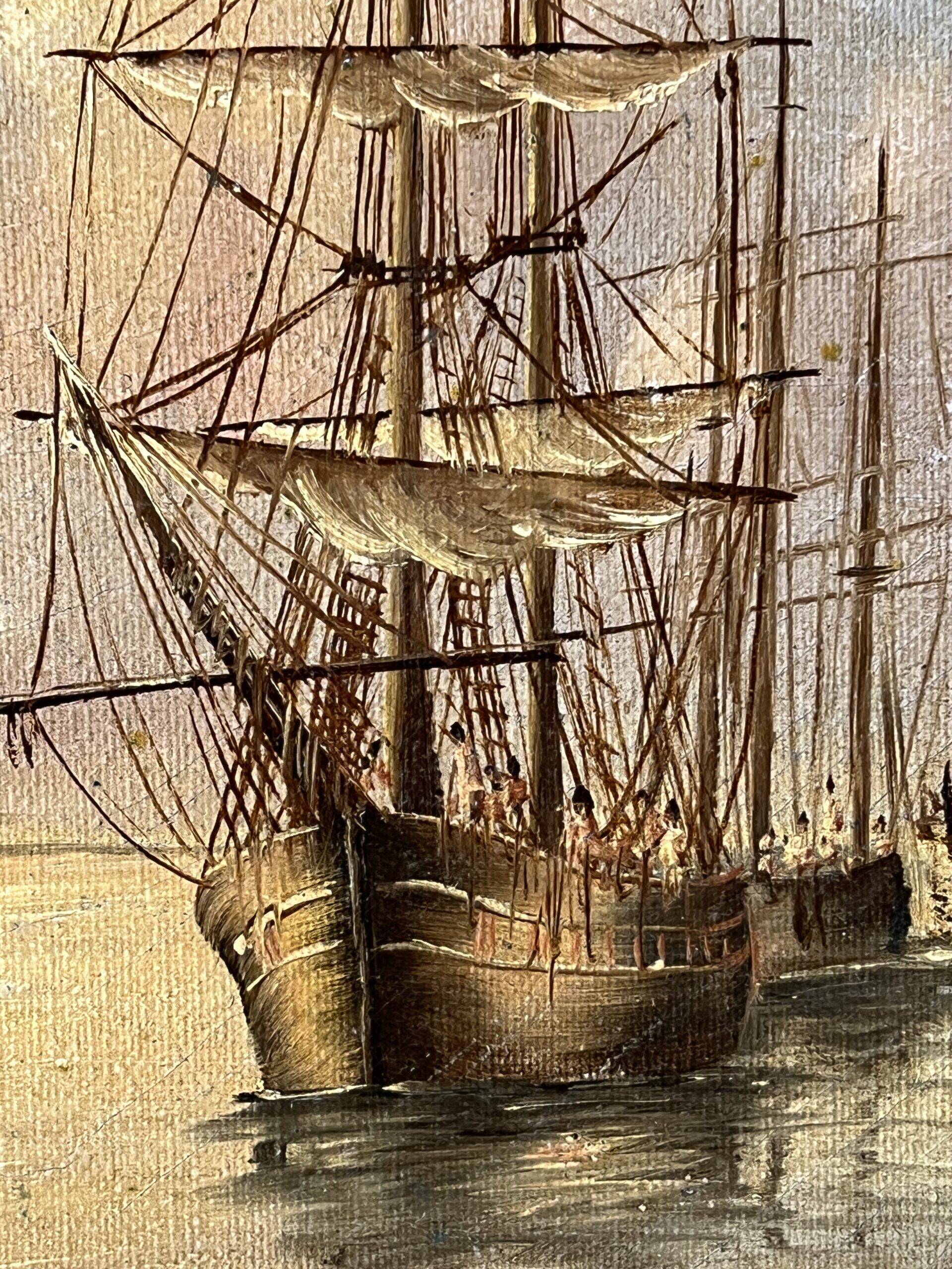 Alexandre Thomas Francia, oil on canvas with marine theme and sailboats