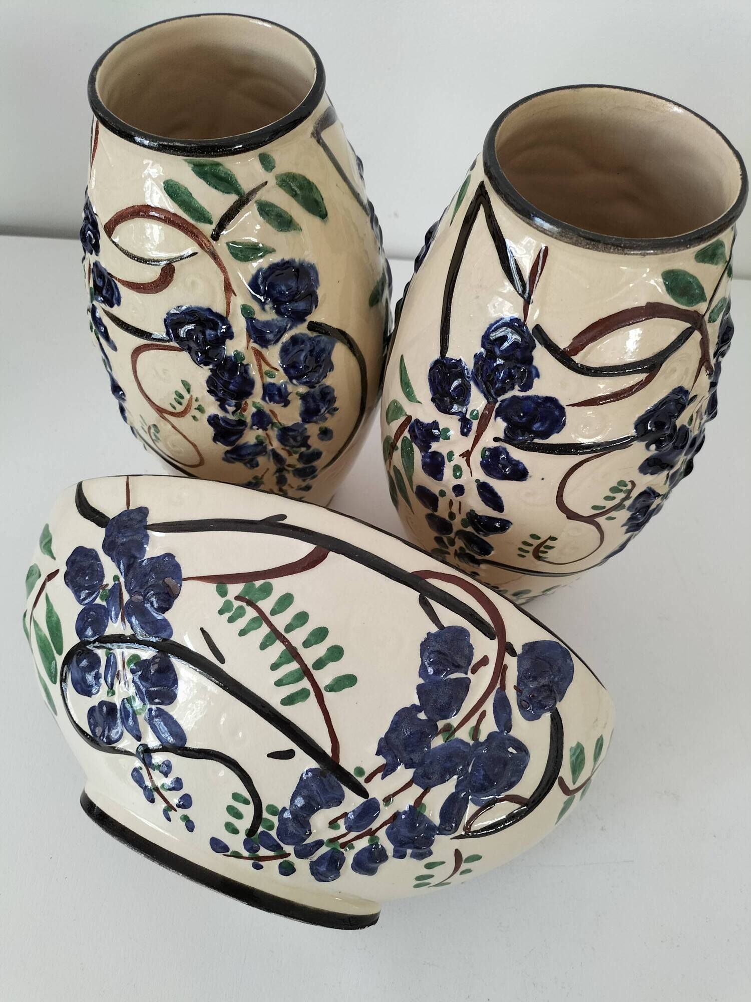 Poët-Laval Trio “Wisteria” – 2 vases no. 721 & boat planter no. 729