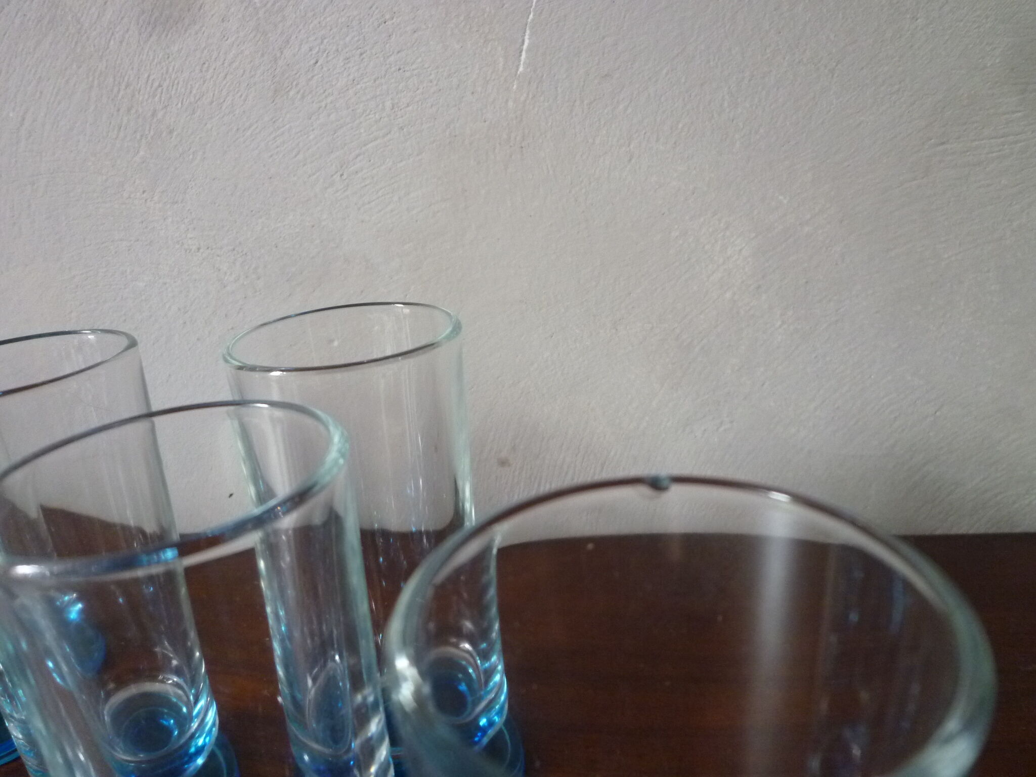 9 vintage champagne flutes with blue foot