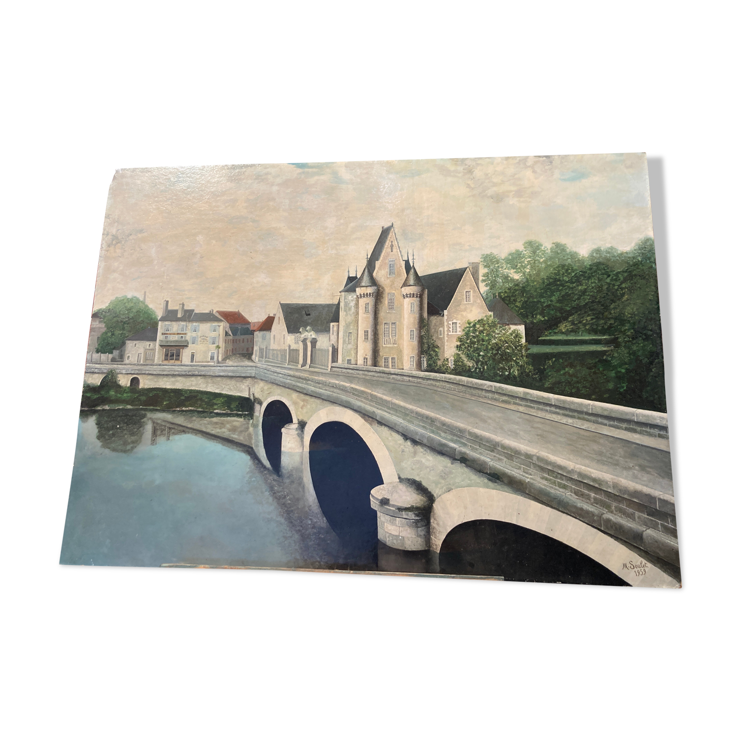 Painting on isorel of the bridge of chouze sur Loire