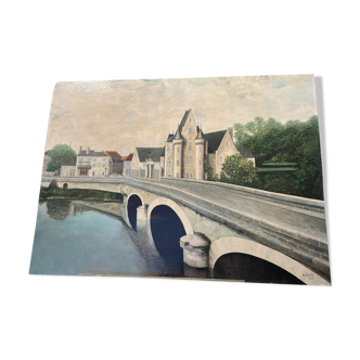 Painting on isorel of the bridge of chouze sur Loire