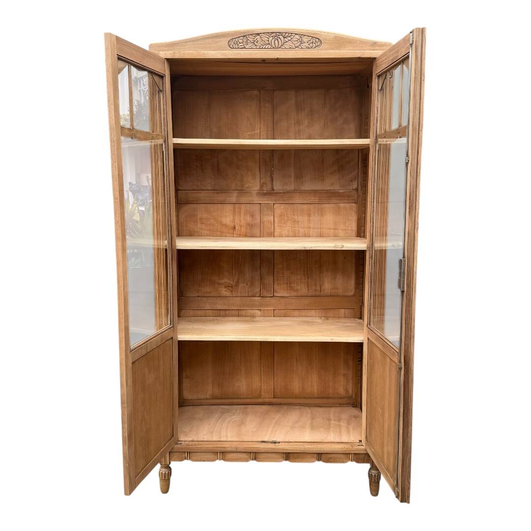 Parisian glass-fronted Art Deco wardrobe in solid raw walnut.