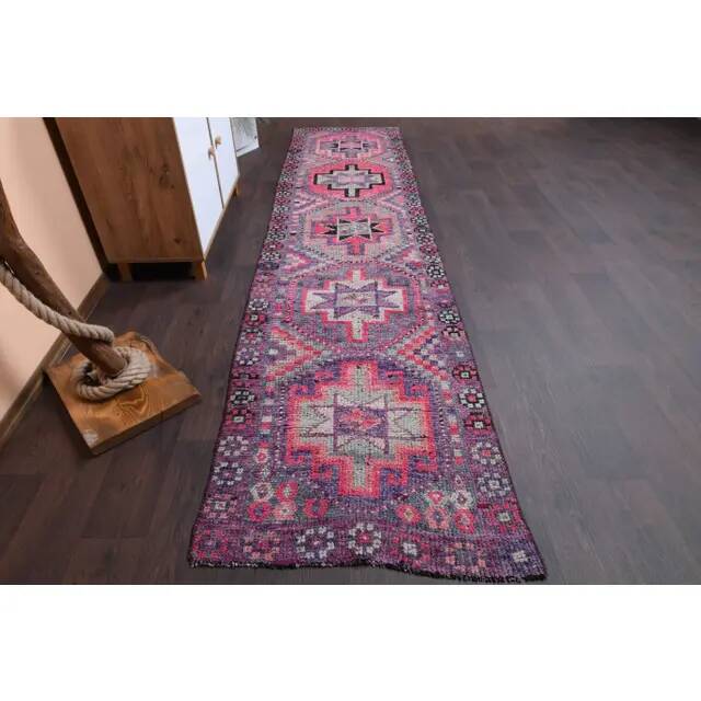 Vintage Turkish Oushak Handmade Wool Cotton Purple Runner 83x345