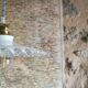 Suspension in white lace opaline, sky blue cable.