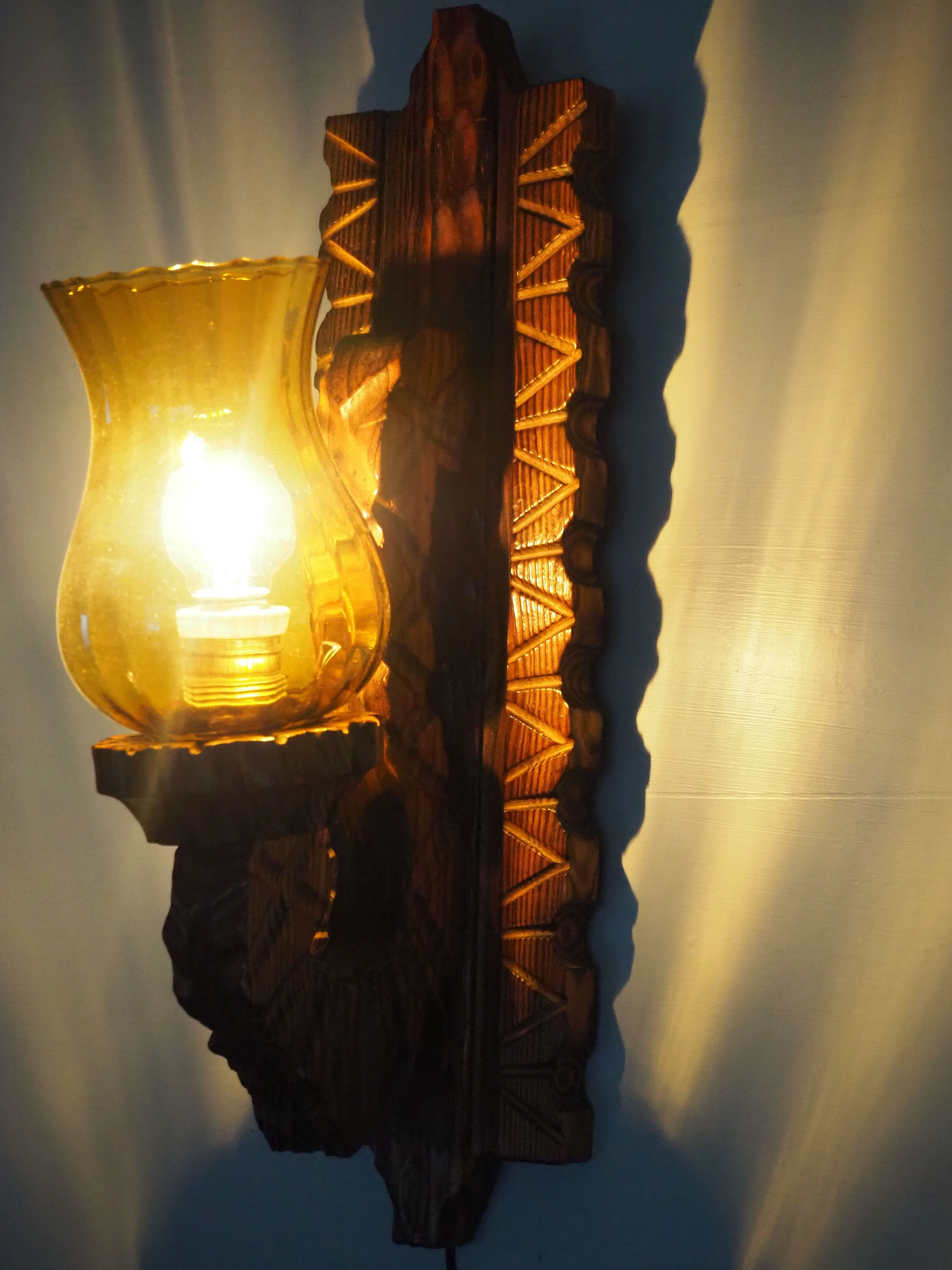 Wall sconce wooden and yellow glass tulip globe