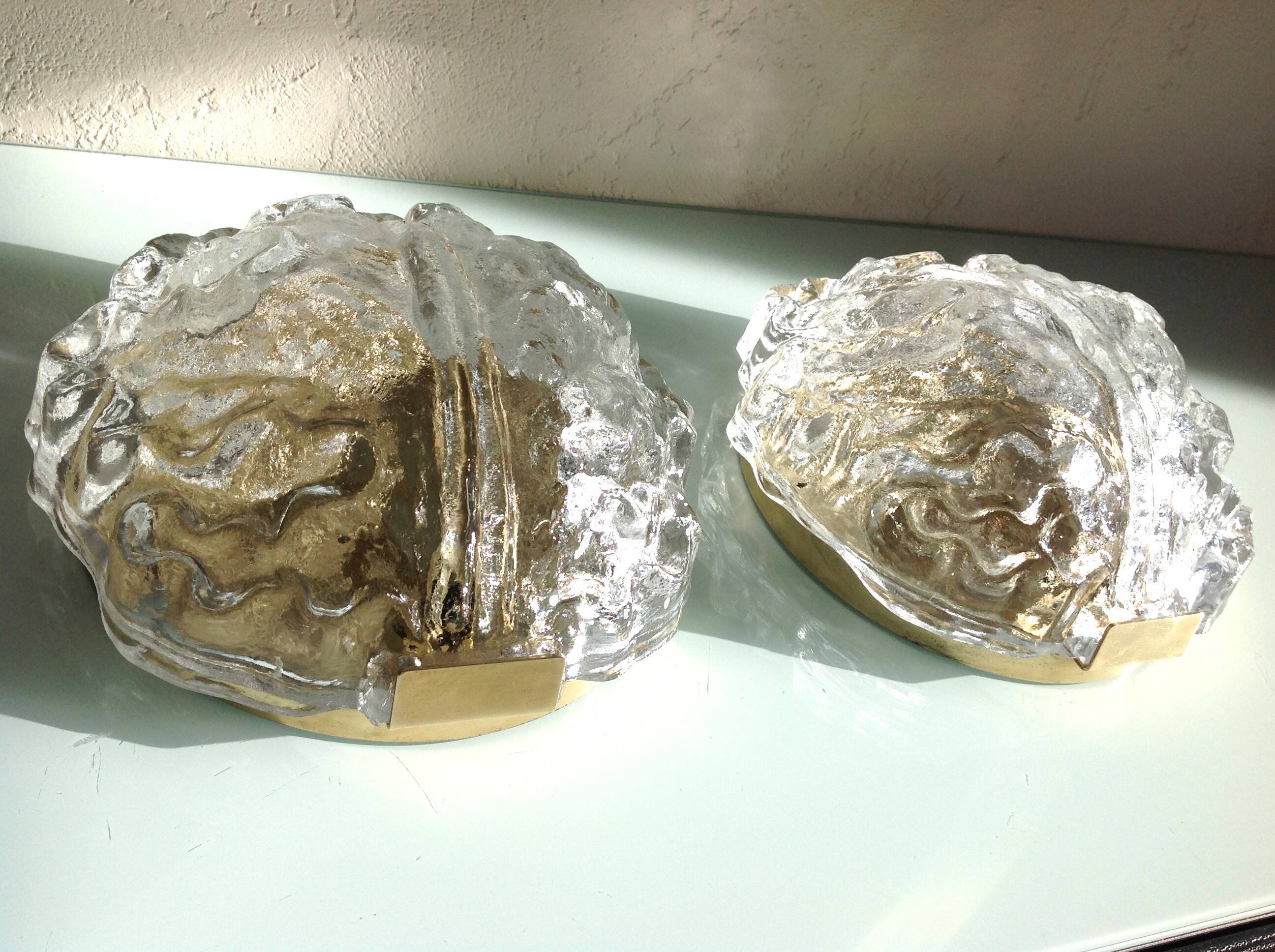 Pair of ice glass and brass wall lights by Limburg / vintage 60s-70s