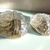 Pair of ice glass and brass wall lights by Limburg / vintage 60s-70s