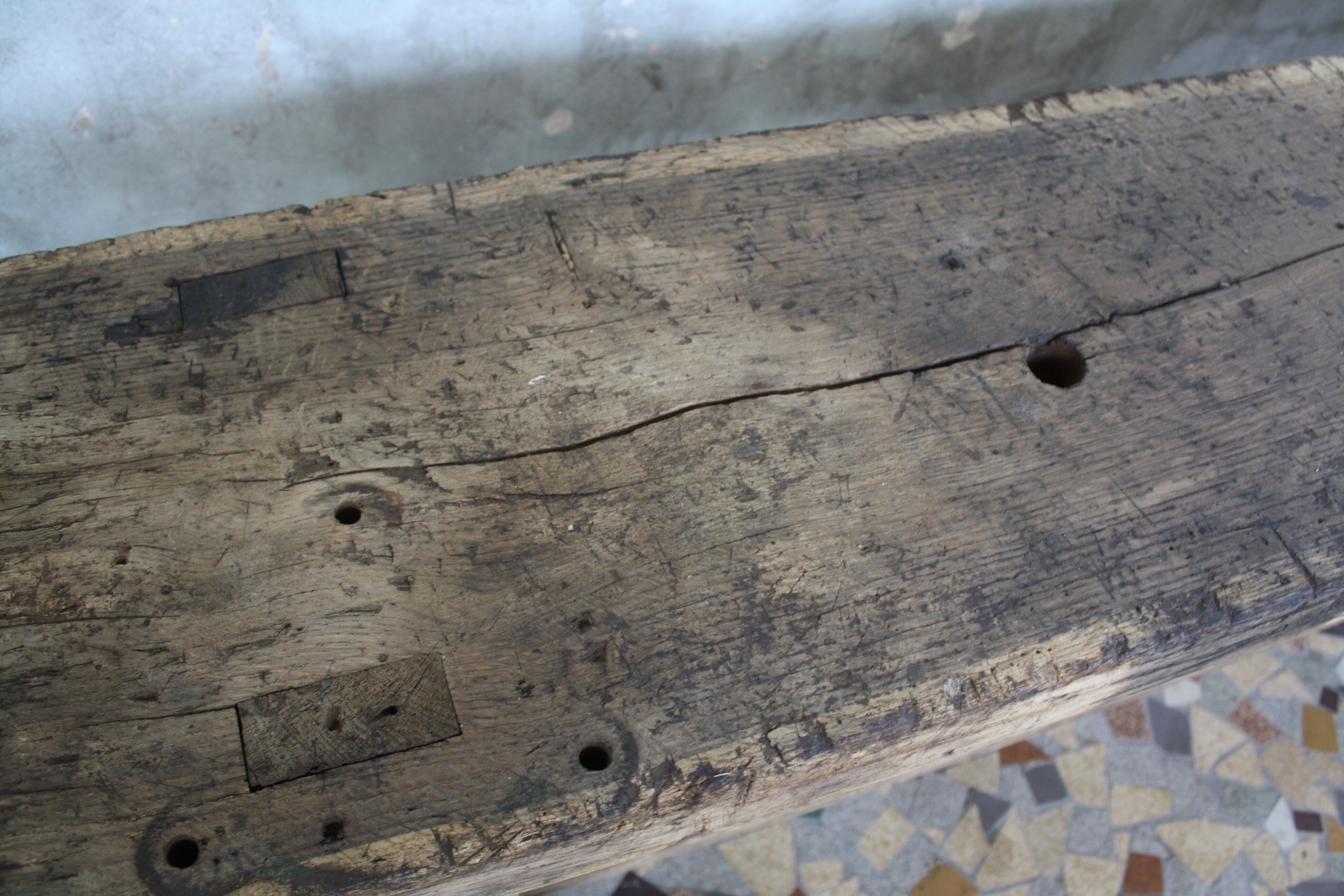 Ancient workbench in raw wood