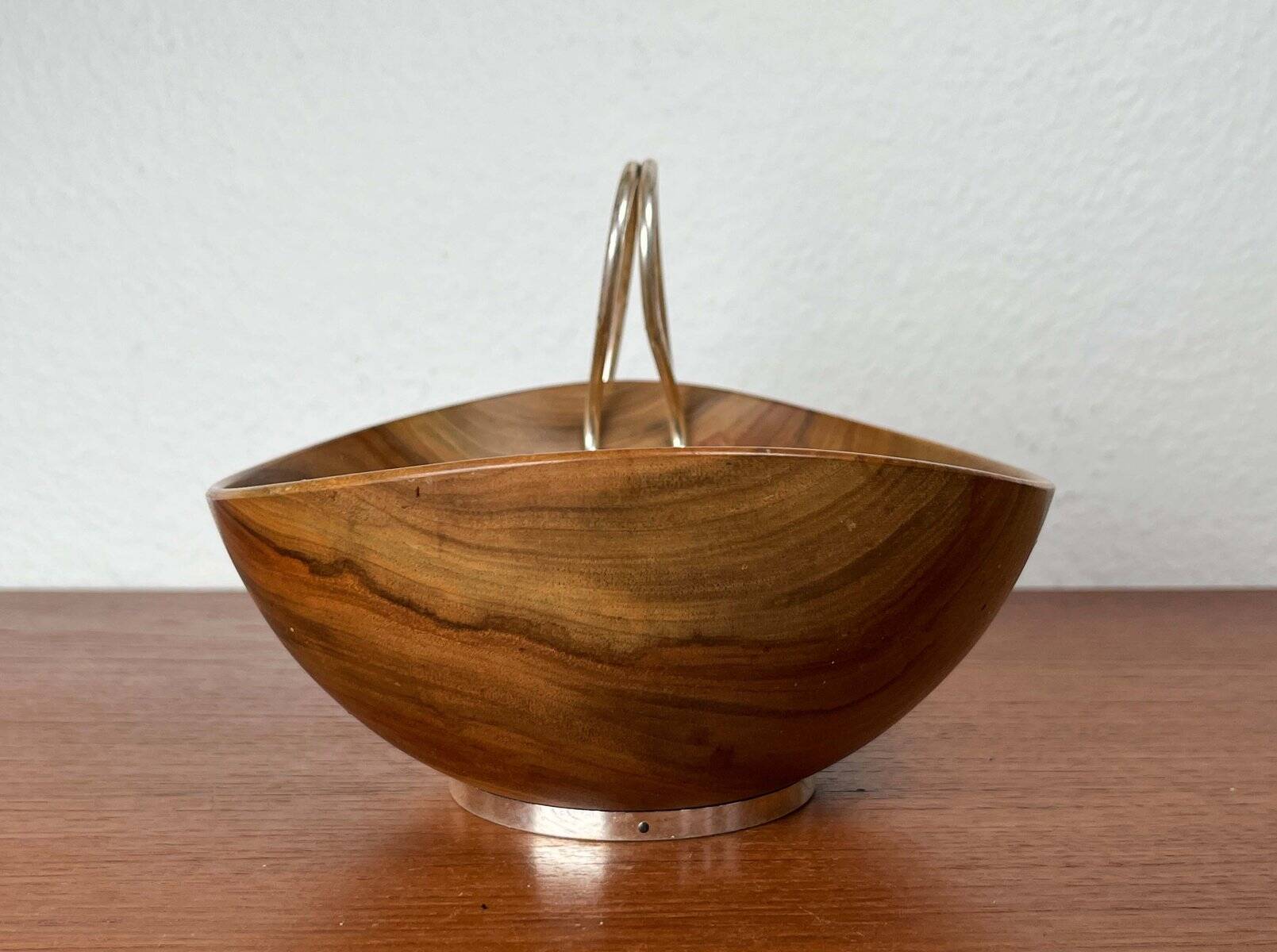 Mid-Century Modern Teak and Silver Plated Metal Bowl from Grasoli, Italy, 1960s