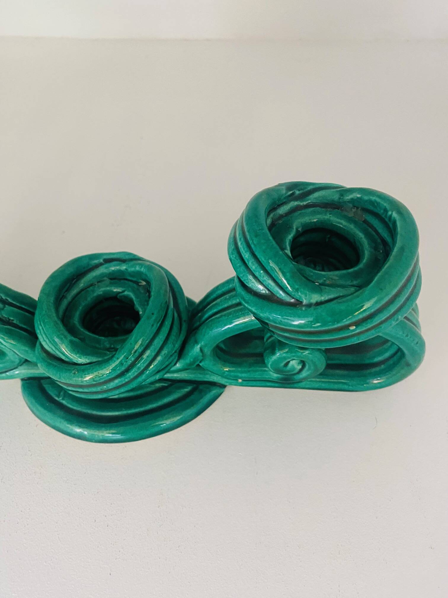 Twisted green ceramic candle holder from Vallauris 1950s