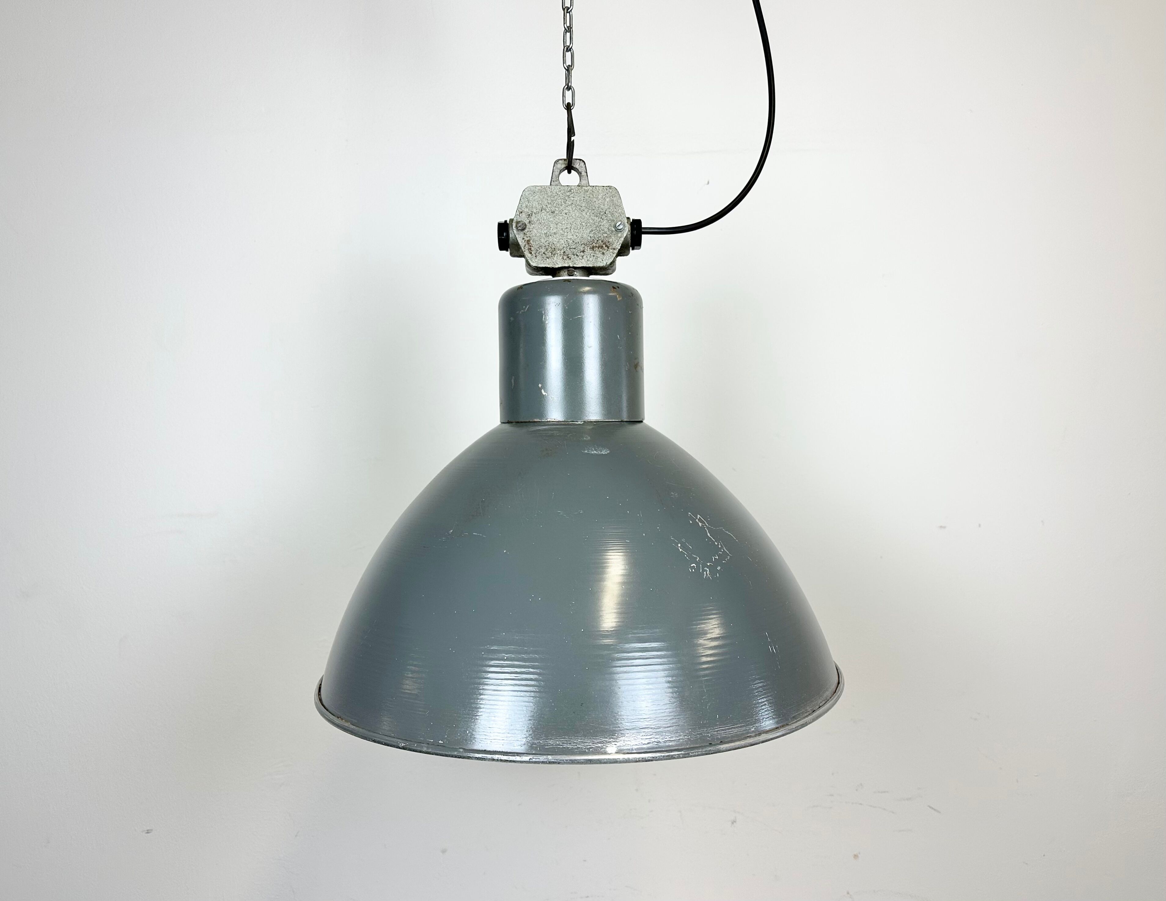 Grey industrial aluminium pendant lamp from polam wilkasy, 1960s