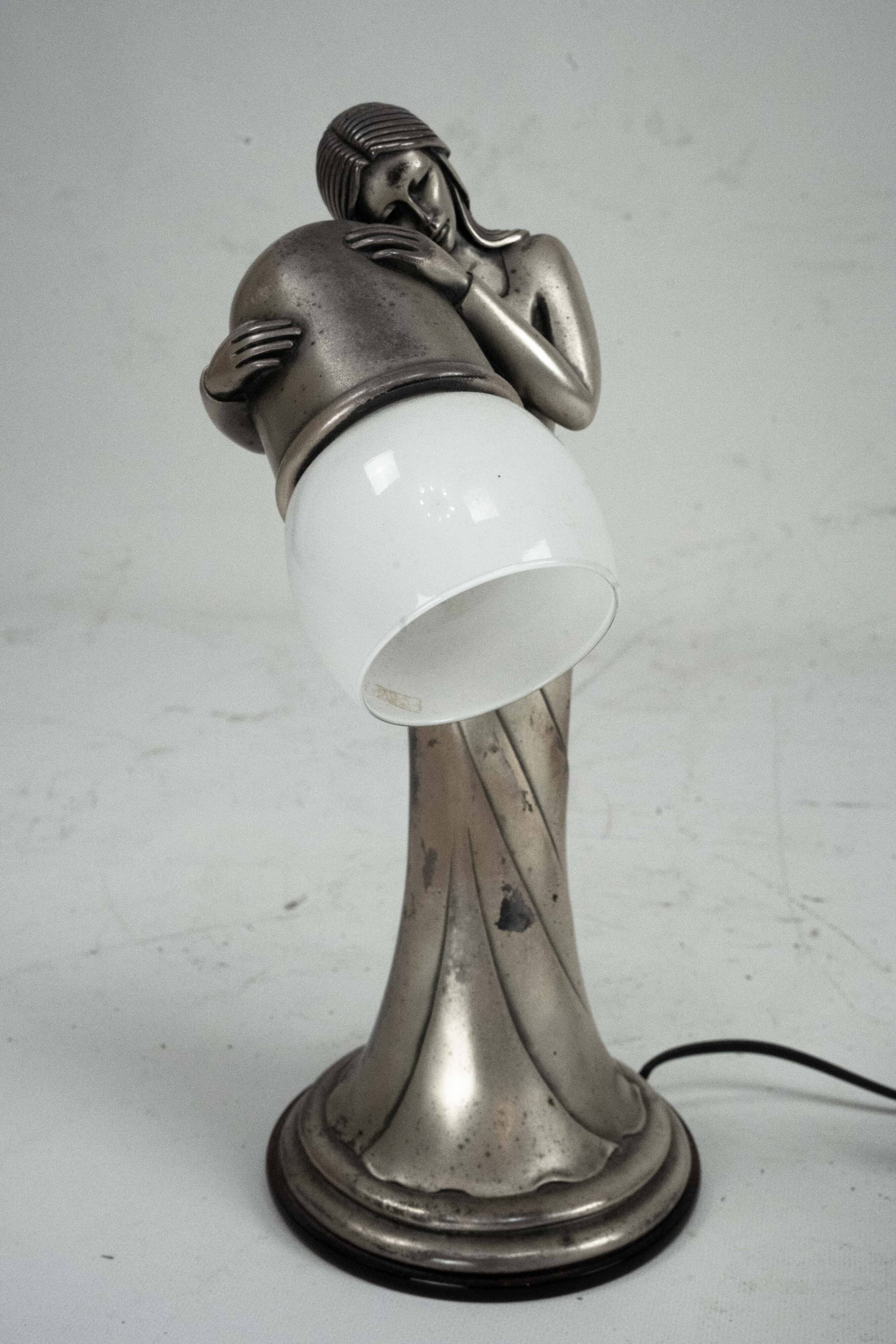 Silver Vermeil Figural Table Lamp with Opaline Glass. Italy 1960s