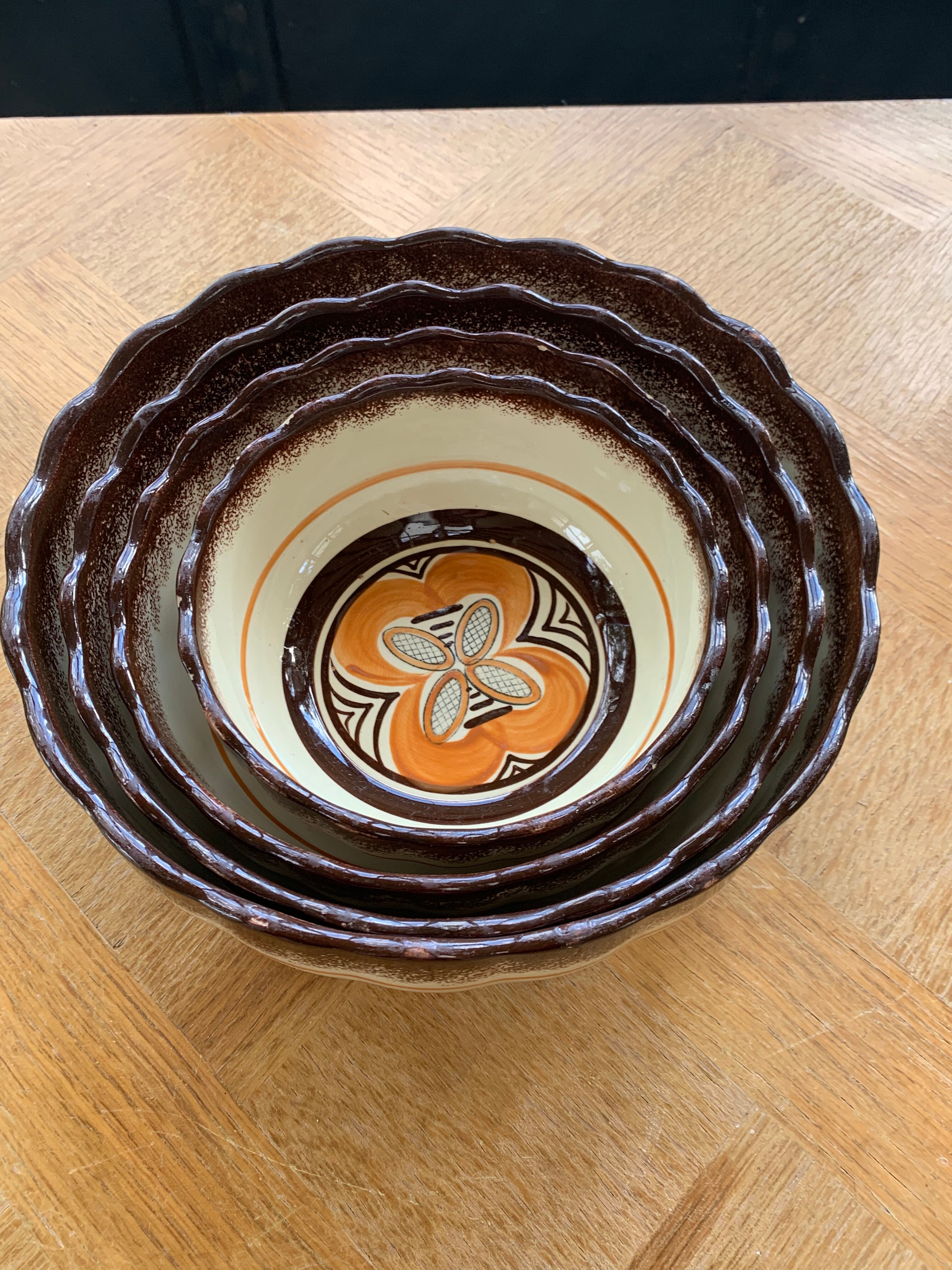 4 nesting salad bowls in enameled ceramic mbfa pont l abbé decorated vintage hand