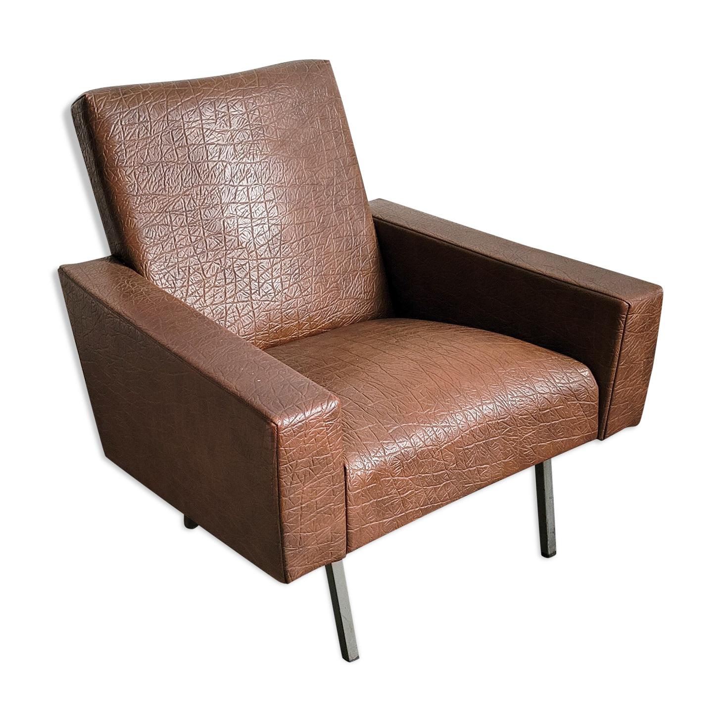 Fauteuil en skaï marron vintage