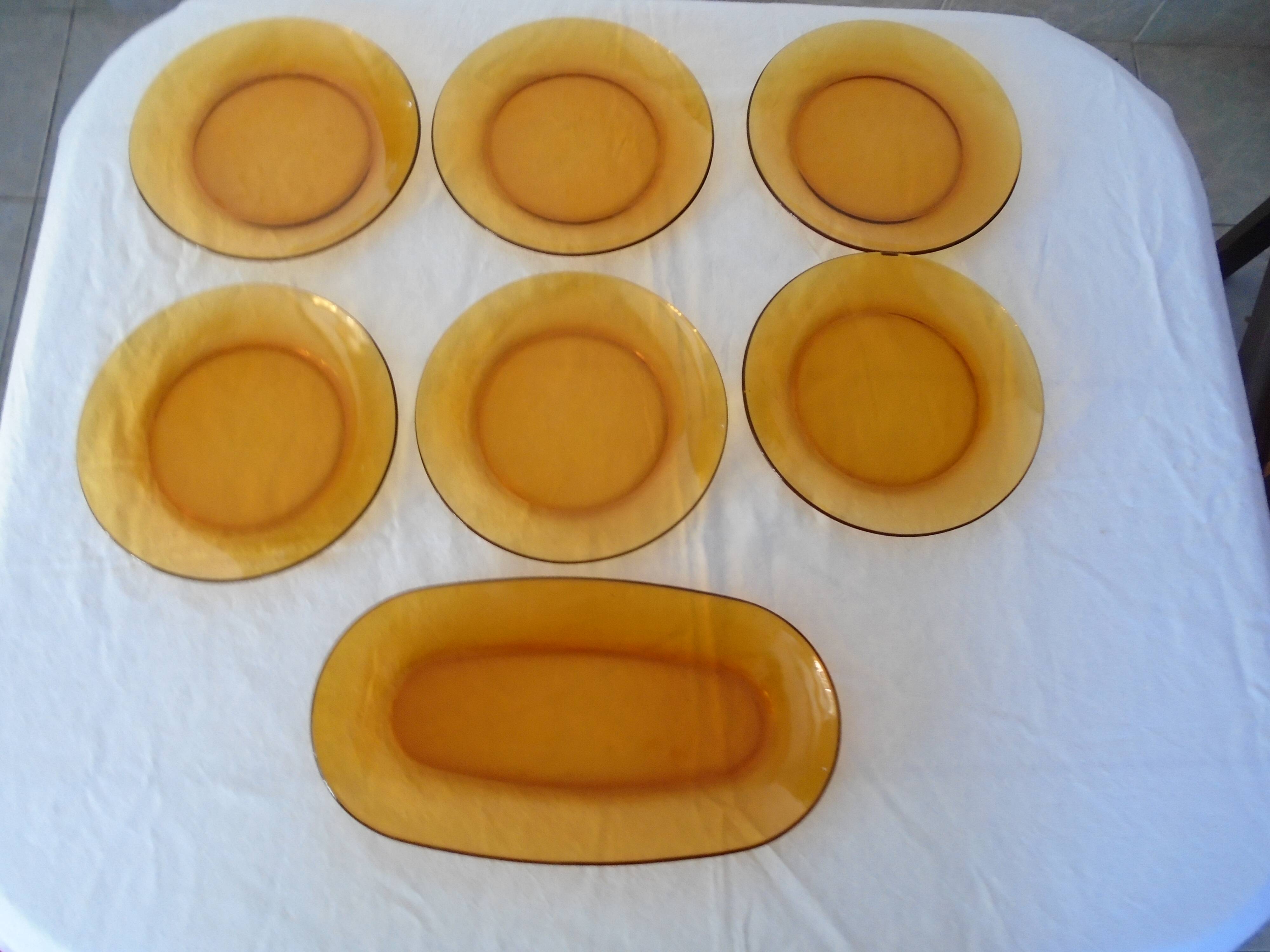 7-piece Duralex set 6 plates - 1 big plat oval vintage ambre