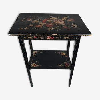 Flying table with two trays, black lacquered wood and painted with decoration of flowers