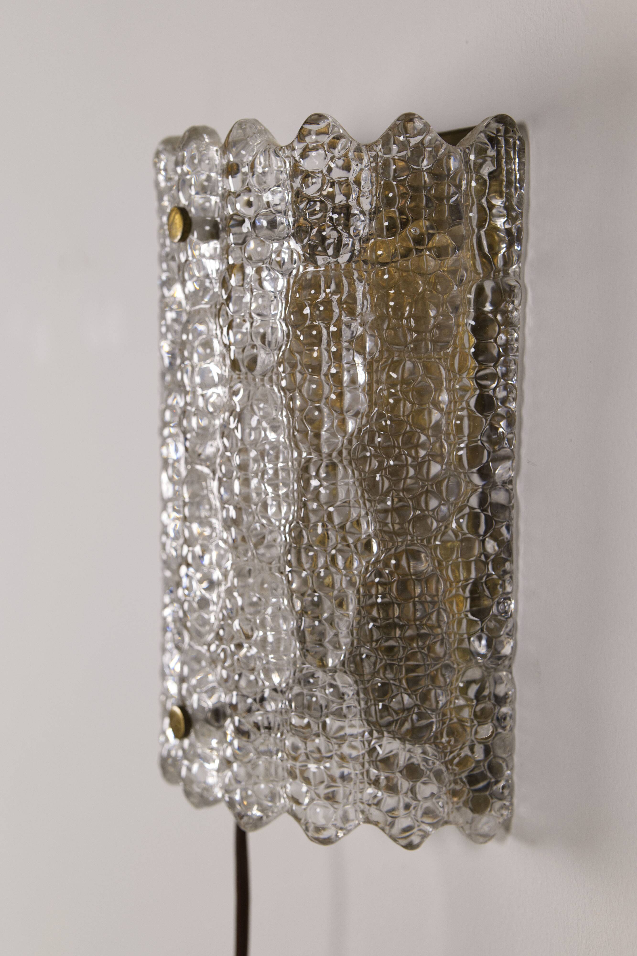 Large pressed glass and brass wall lamp, Denmark, 1960s