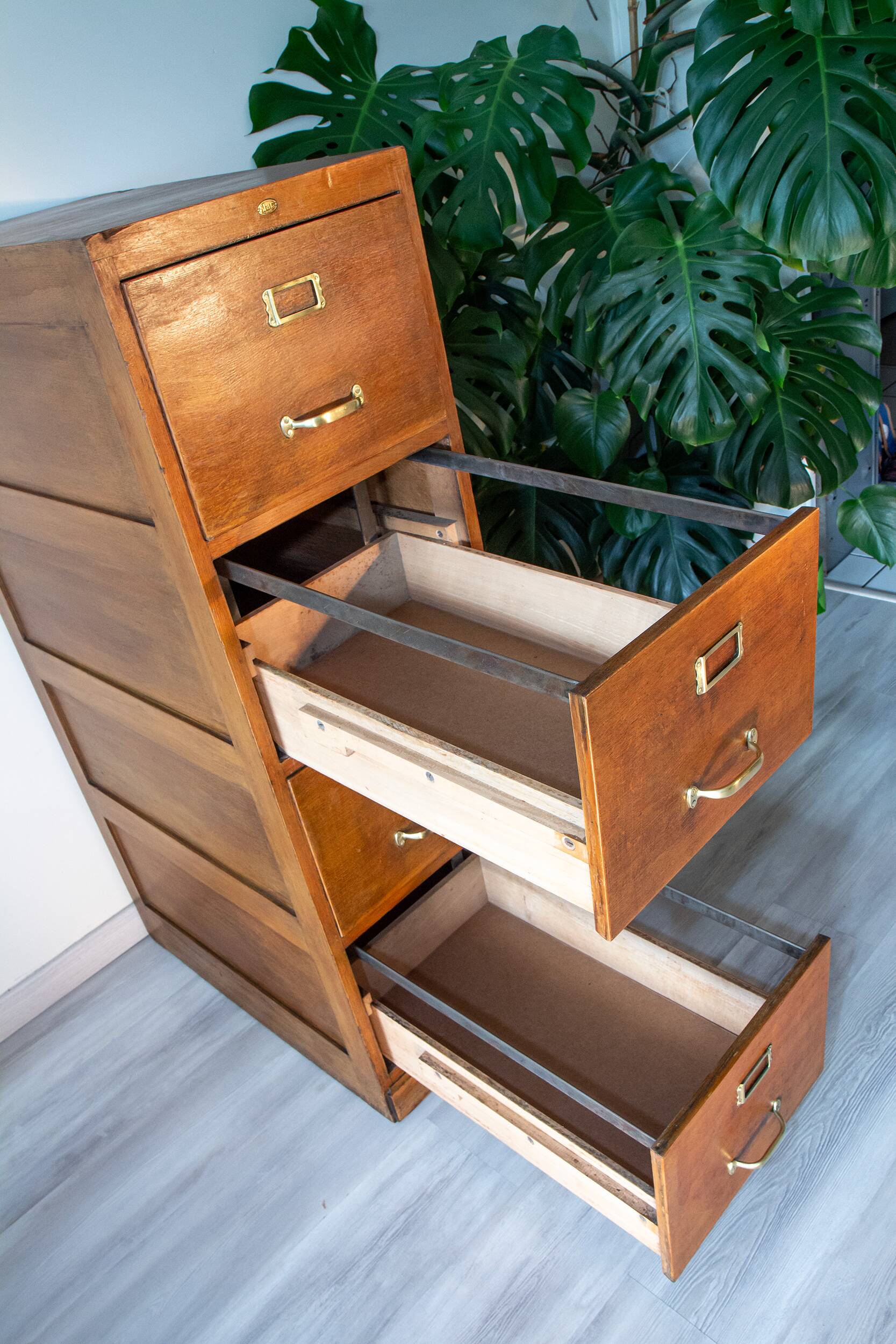 Old file cabinet, oak and brass, early 20th century