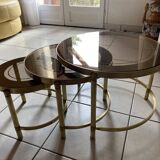 3 nesting tables years 70 - round gilded brass and smoked glass tops