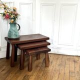 Vintage set of 3 brutalist oak nesting tables 1970