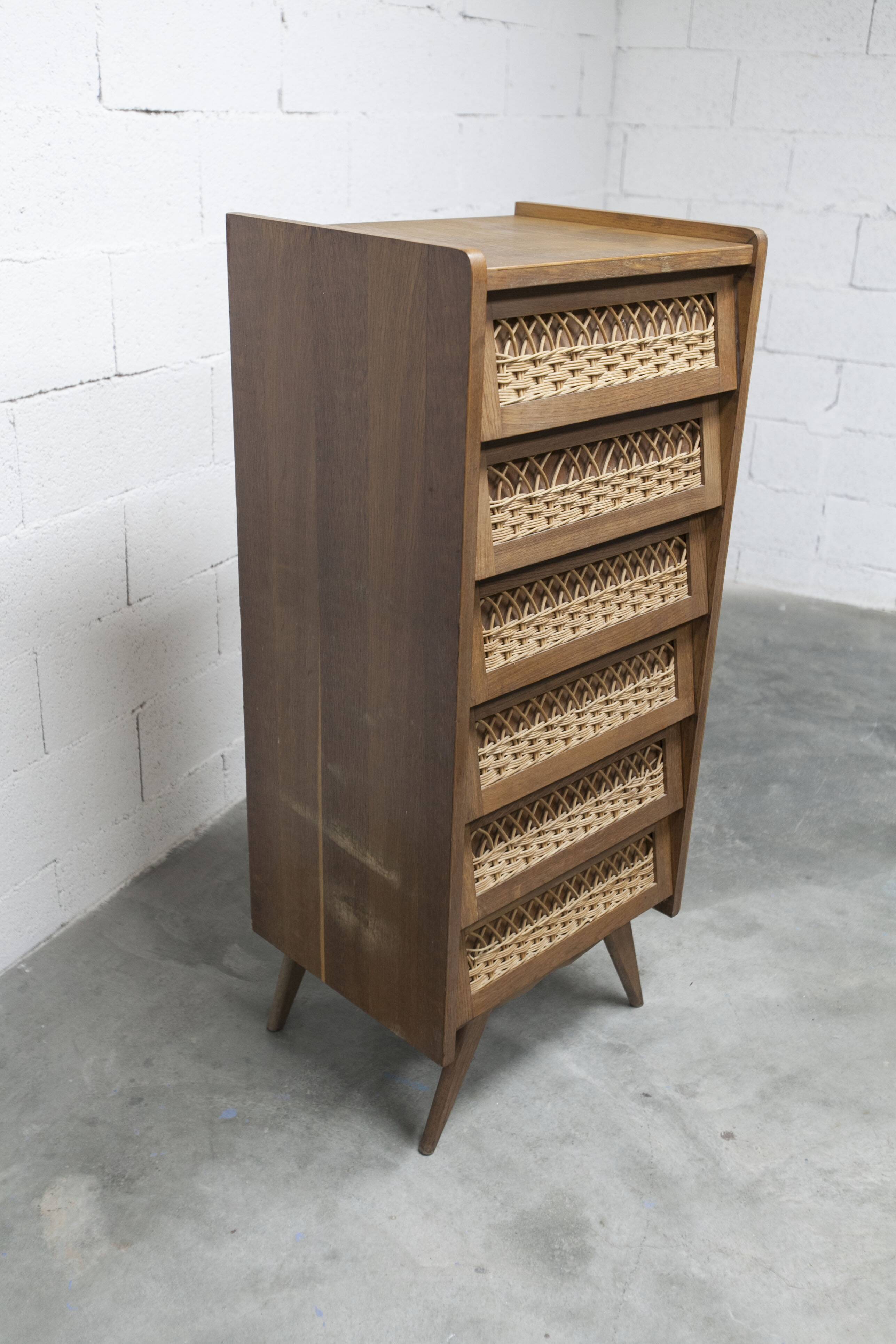 Chiffonnier pieds compas chêne et rotin années 50-60