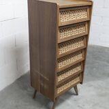 Oak and rattan compass leg chiffonier from the 50s-60s