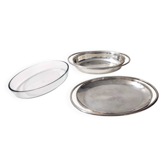 Plat à chevreuil en métal argenté avec cocotte en verre Pyrex de Sabattini, Italie