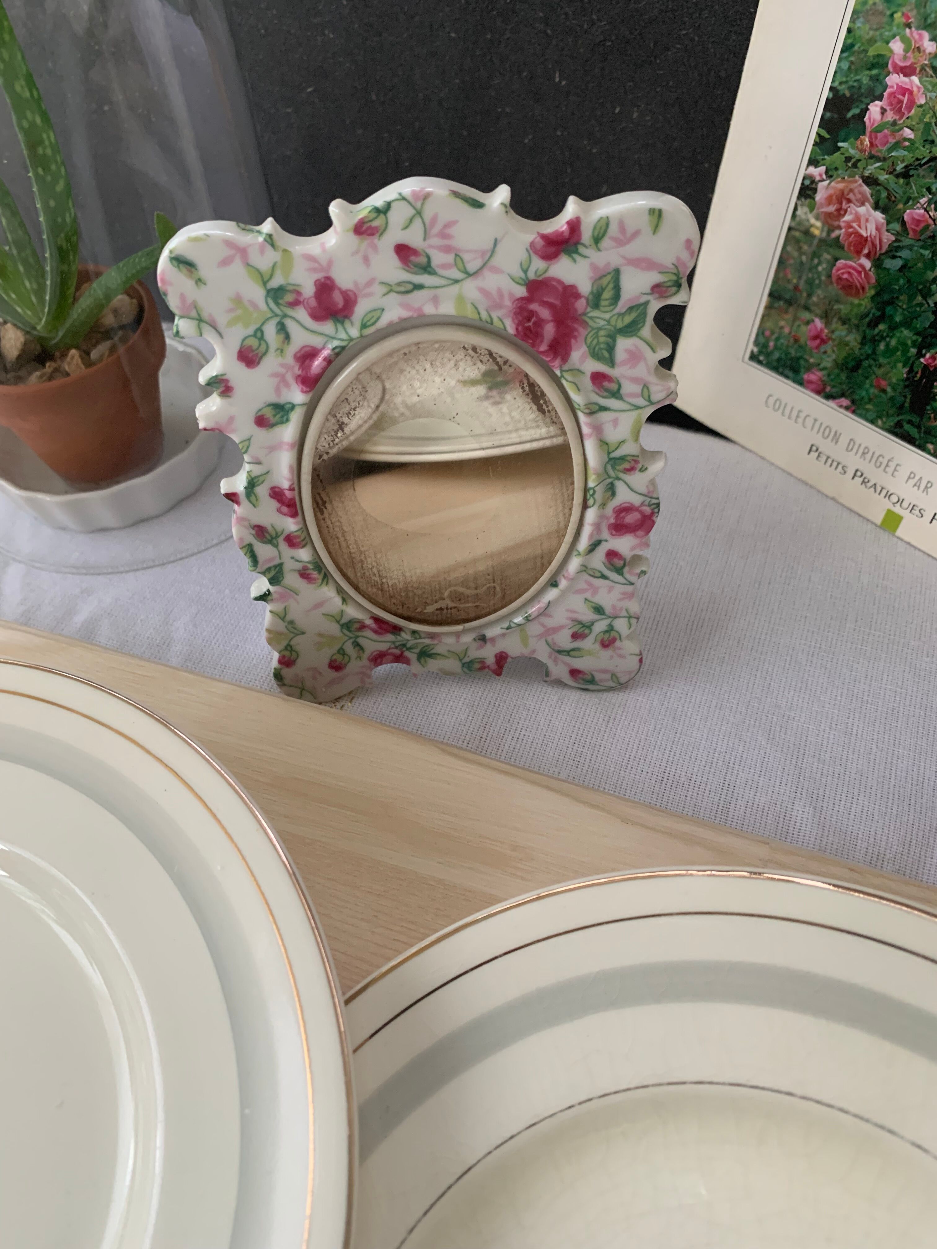 Antique porcelain mirror pink pattern