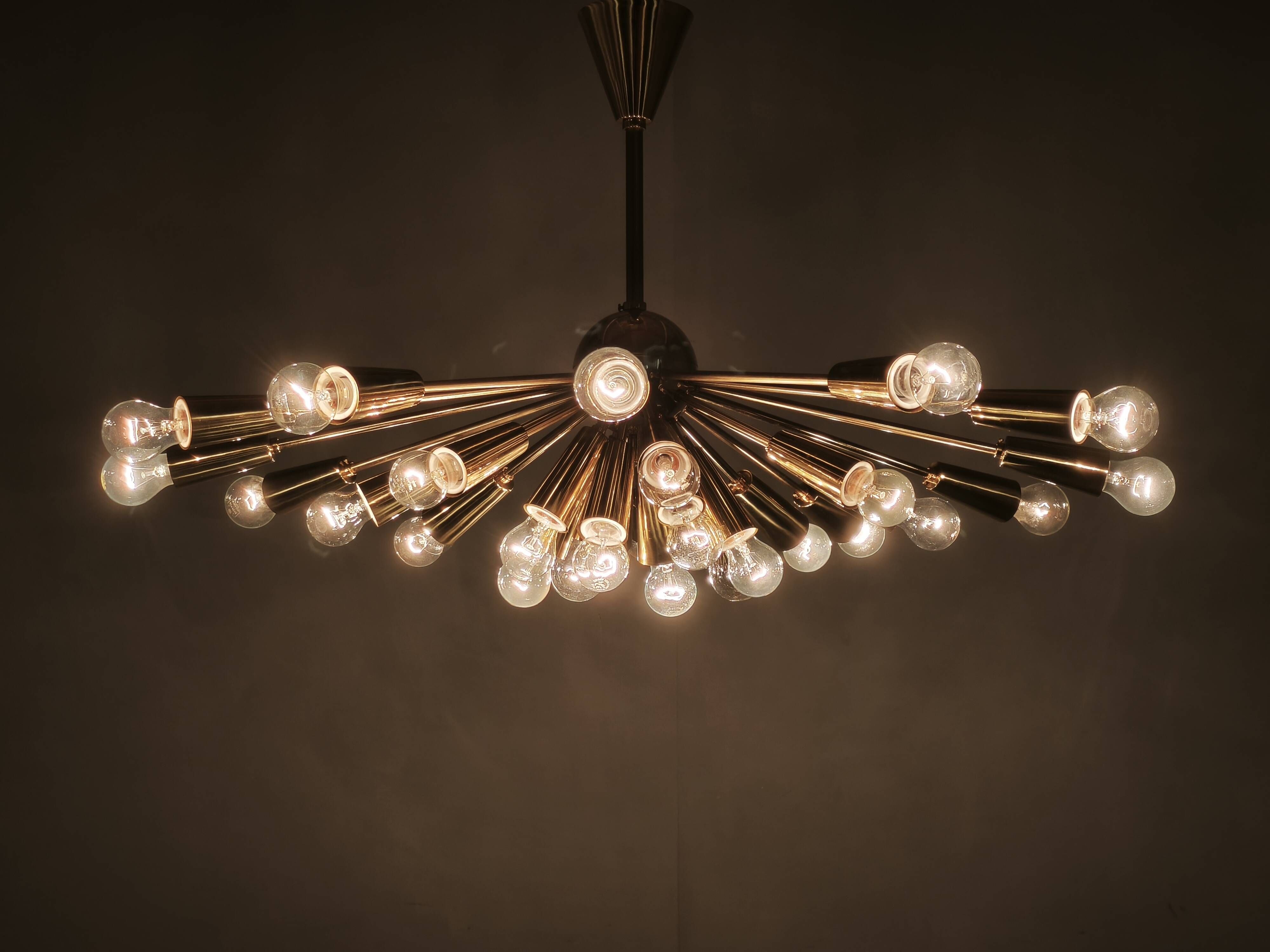 Kamenický Šenov 28-Light Brass Sputnik Chandelier, Czechoslovakia, 1970s