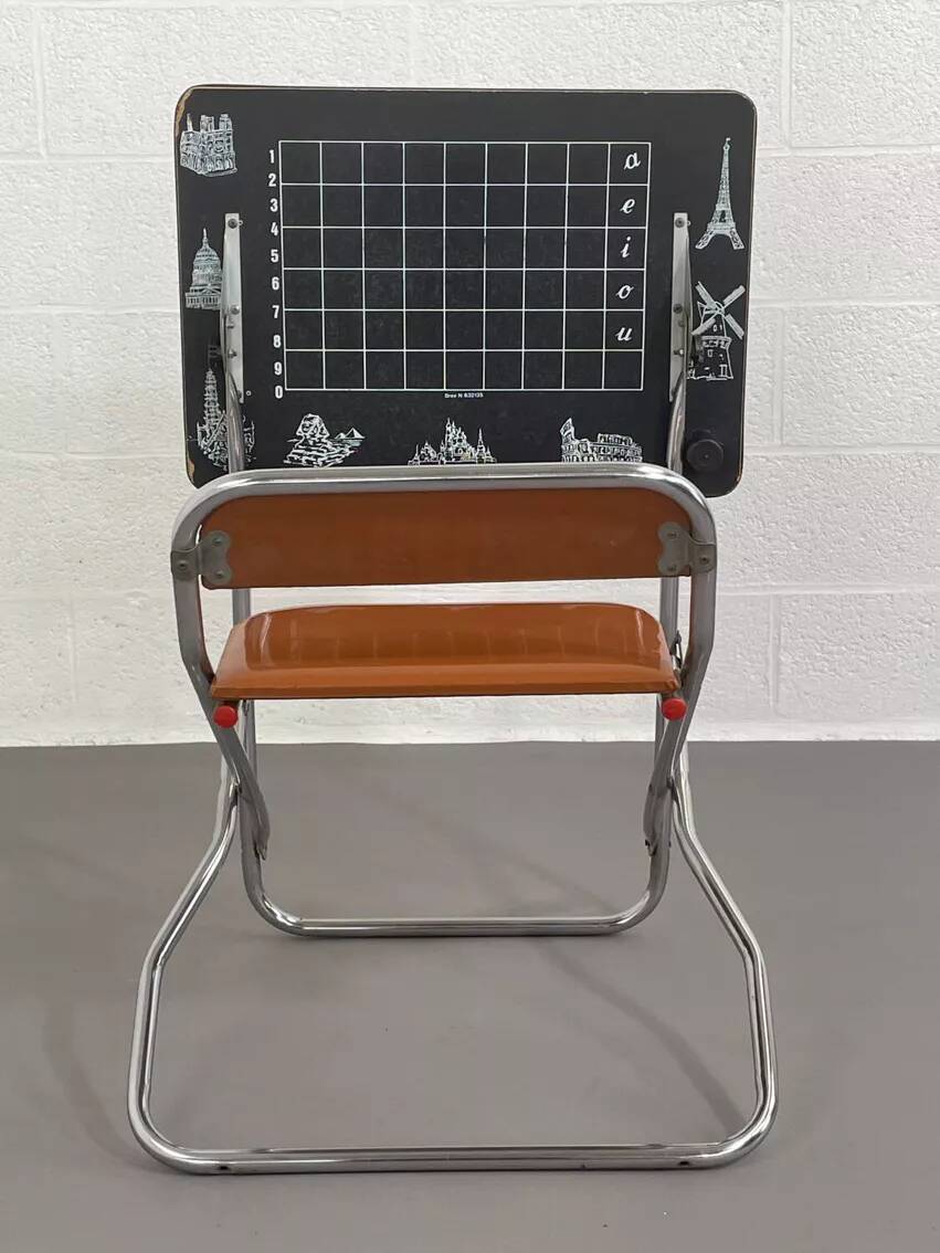Vintage folding school desk with faux leather seat