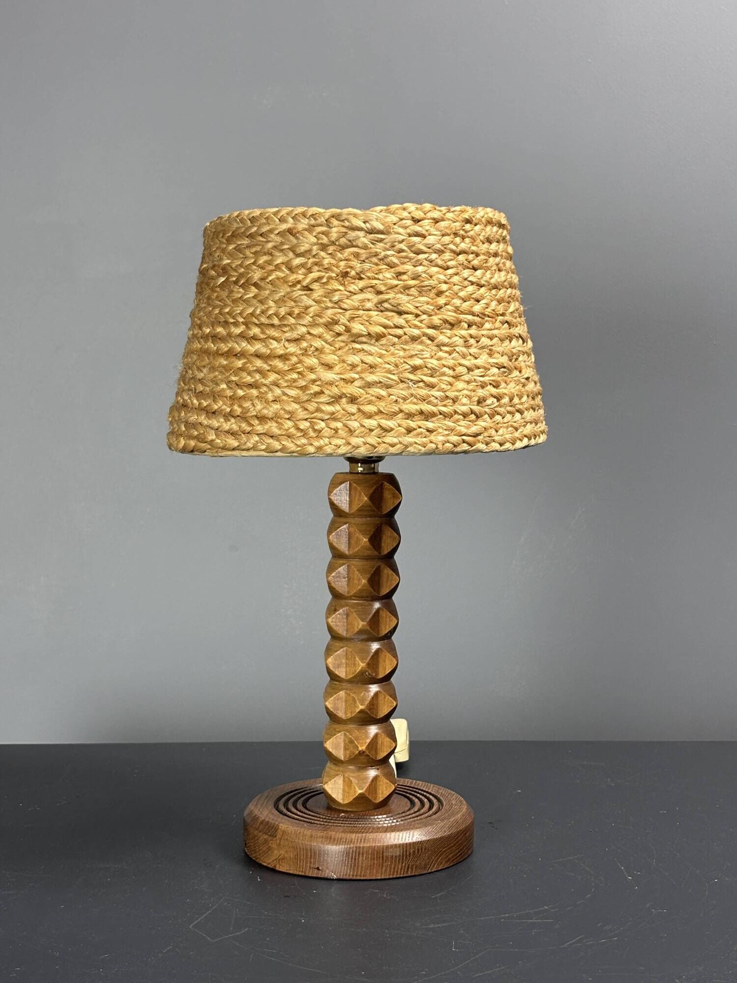 Mid-Century modern brutalist wood turned table lamp Charles Dudouyt style