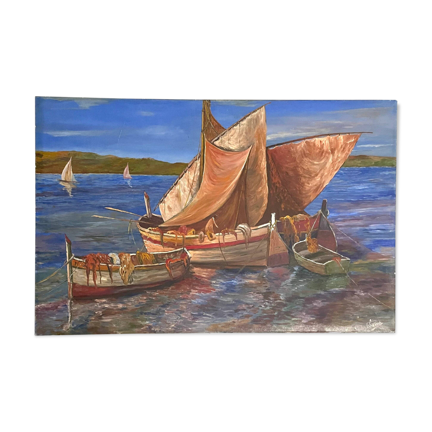 Vintage Sailboats on a River Impressionist Oil Painting on Canvas