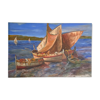 Vintage Sailboats on a River Impressionist Oil Painting on Canvas