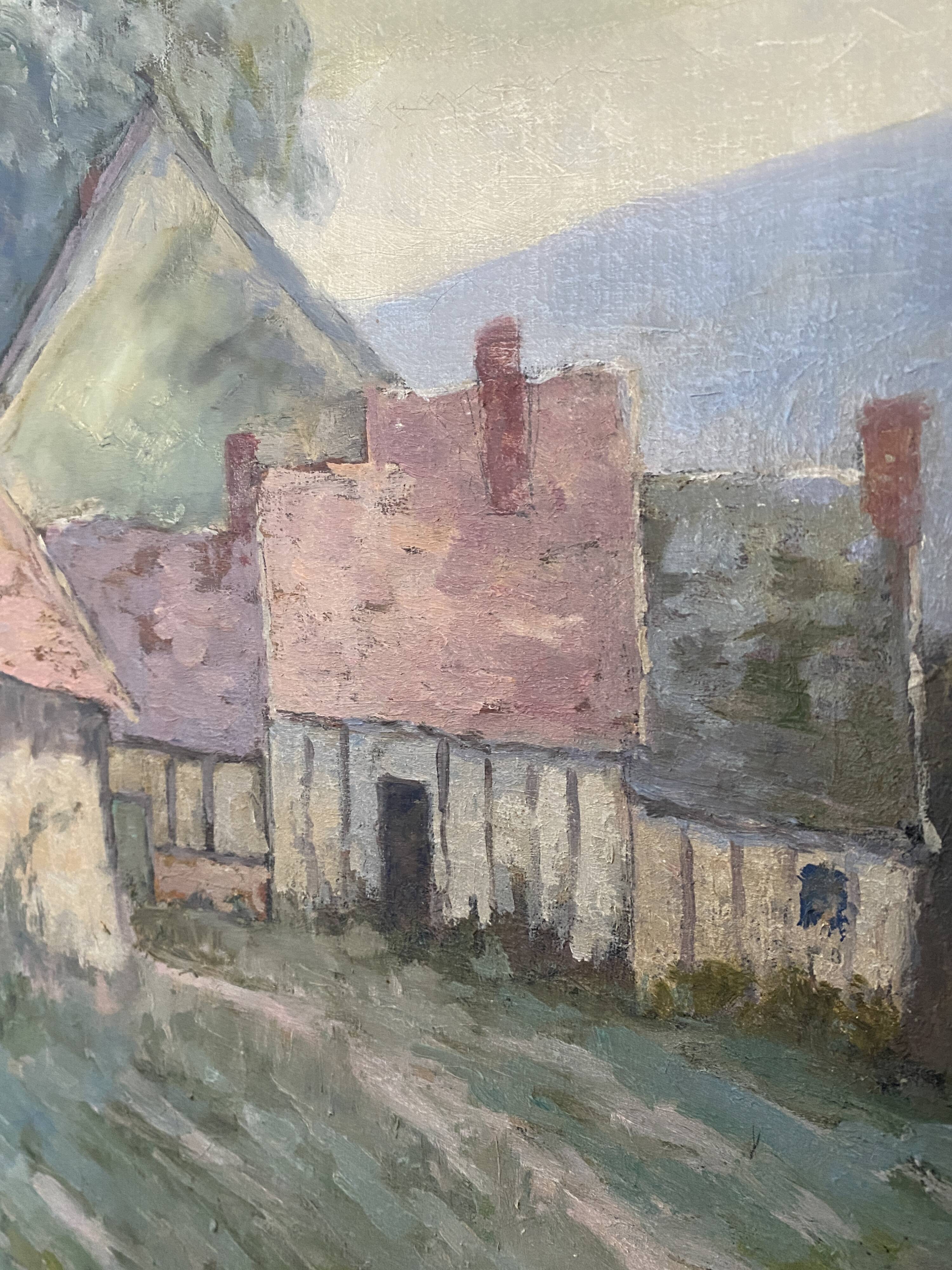 Tableau huile sur toile ancienne attribué à R. SCHWAB. Village cadre bois doré vintage 65 x 80 cm