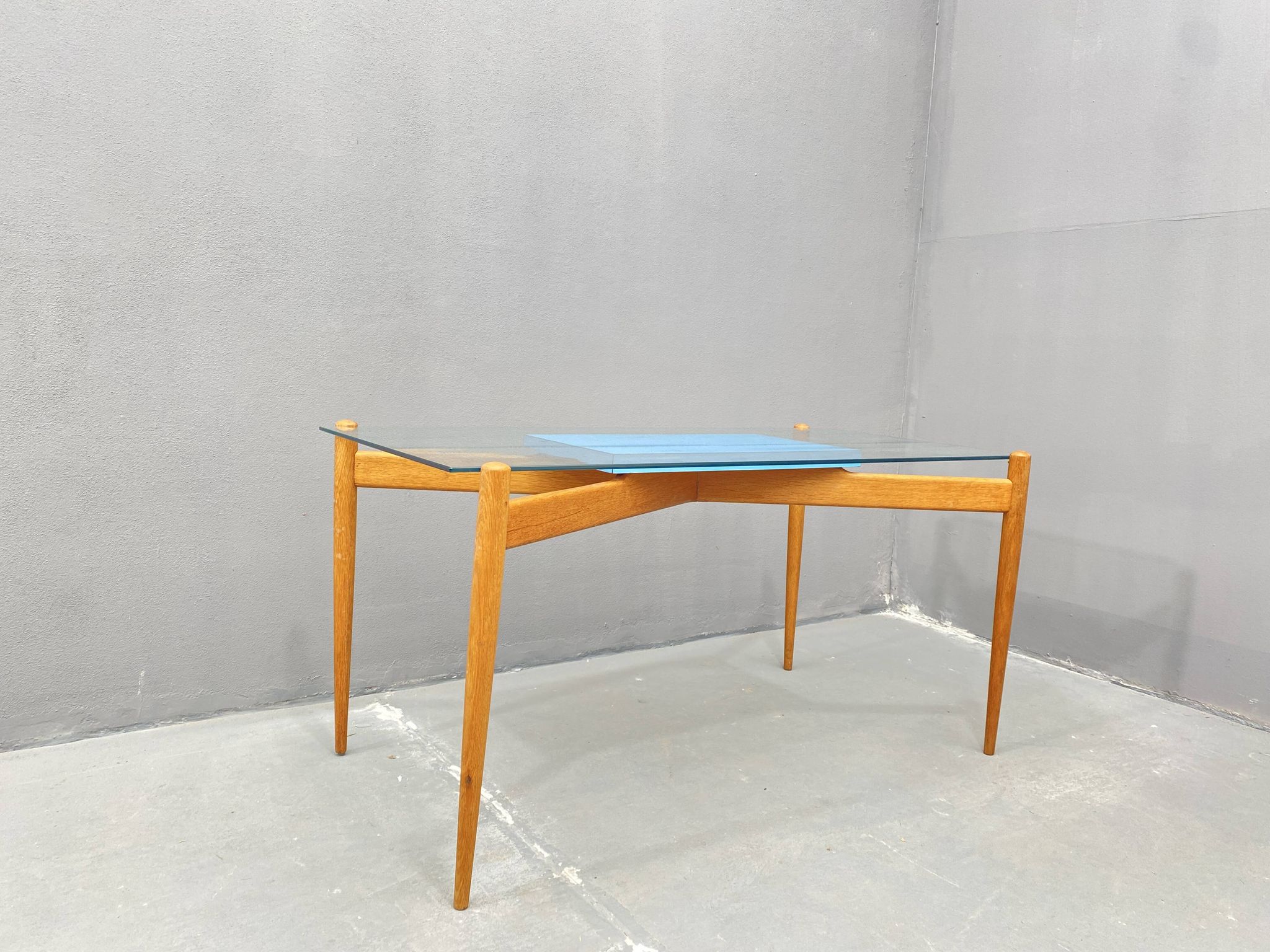 Glass coffee table with a wooden frame, 1960s, Czechoslovakia.