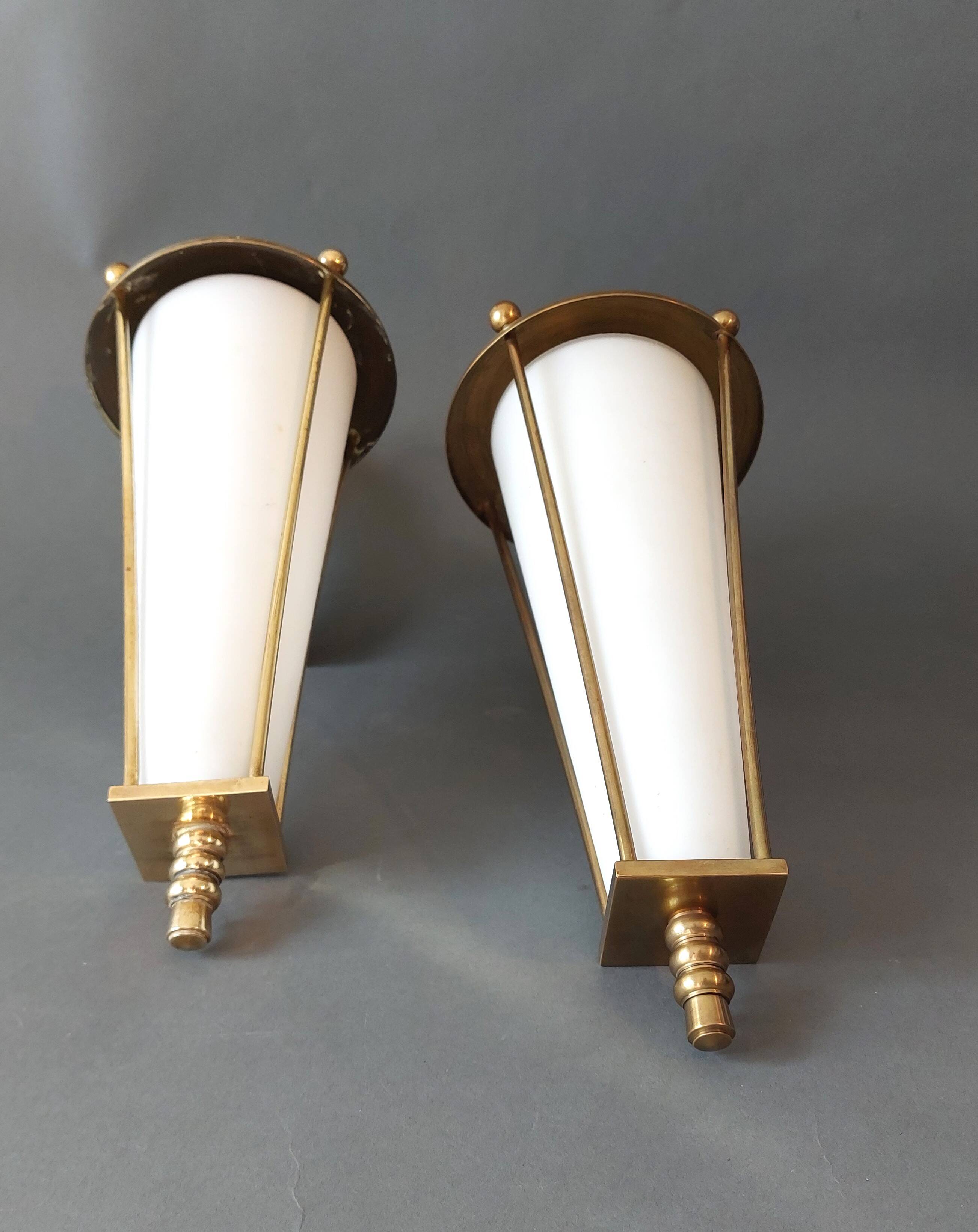 Pair of lantern sconces in gilded brass and opaline 1960.