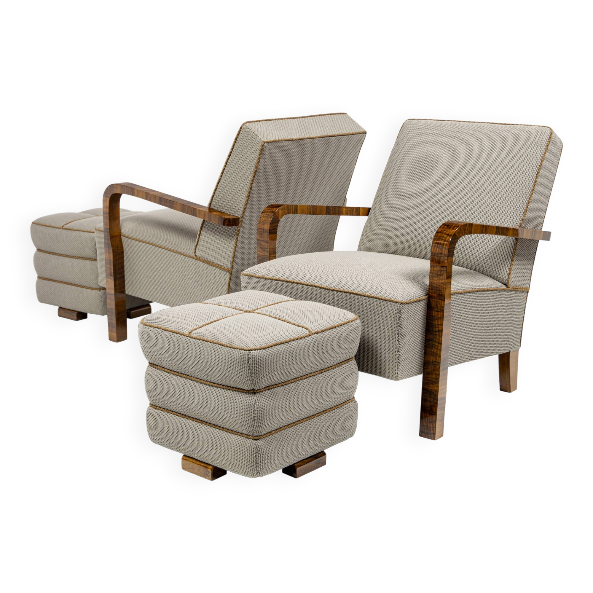 Pair of Art Deco armchairs and two poufs in walnut - 1930-1940