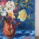 Bouquet on a blue background, oil on canvas signed Gisèle Renaut.