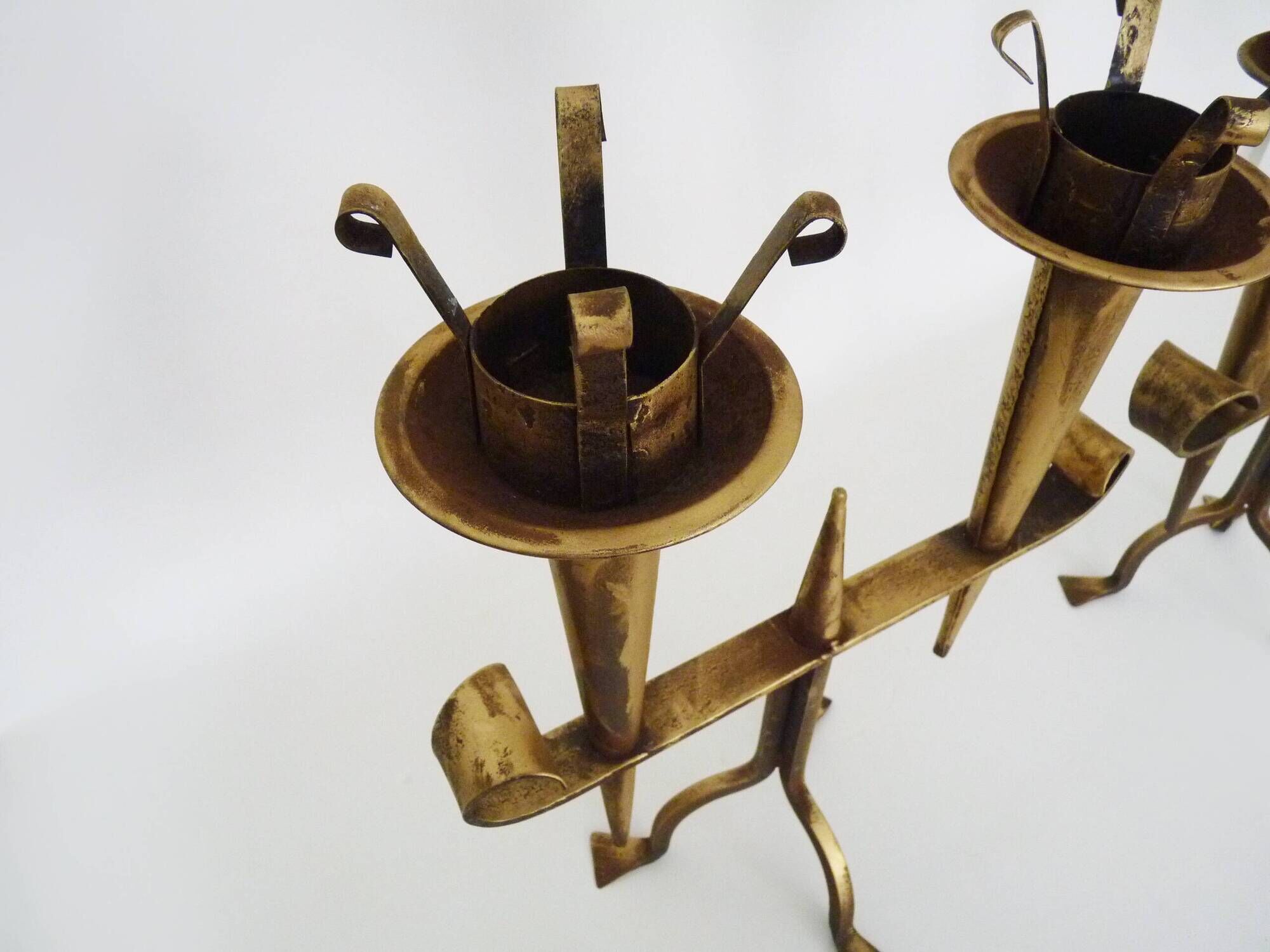 Large Pair of Vintage French Gold Wrought Iron 2 Candle Holders 60