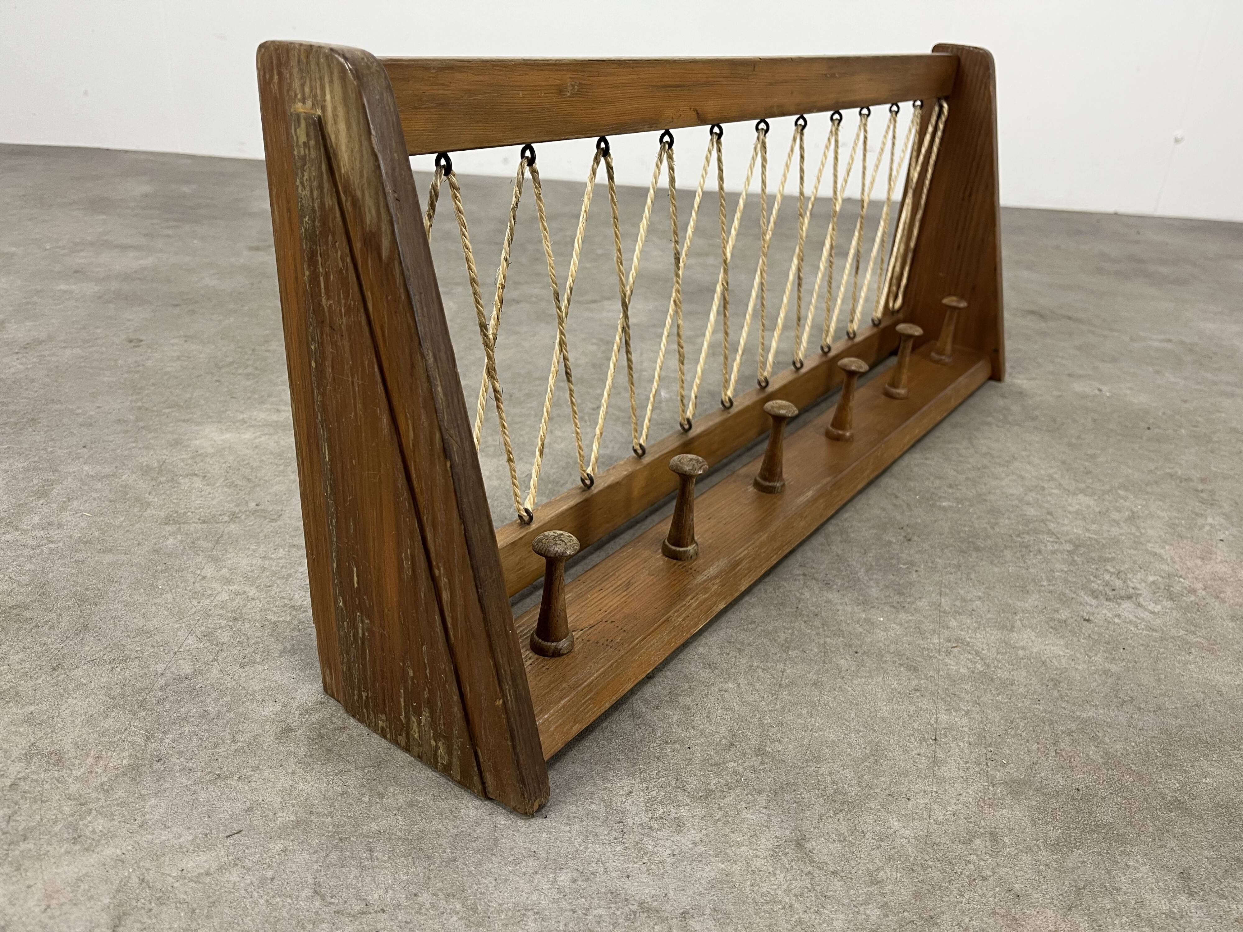 Vintage wooden wall coat rack with 6 chalet-style hooks