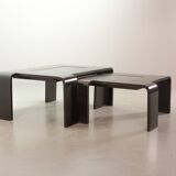 Rectangle Black Lacquered Plywood Coffee Table with Smoked Glass Panel 70s