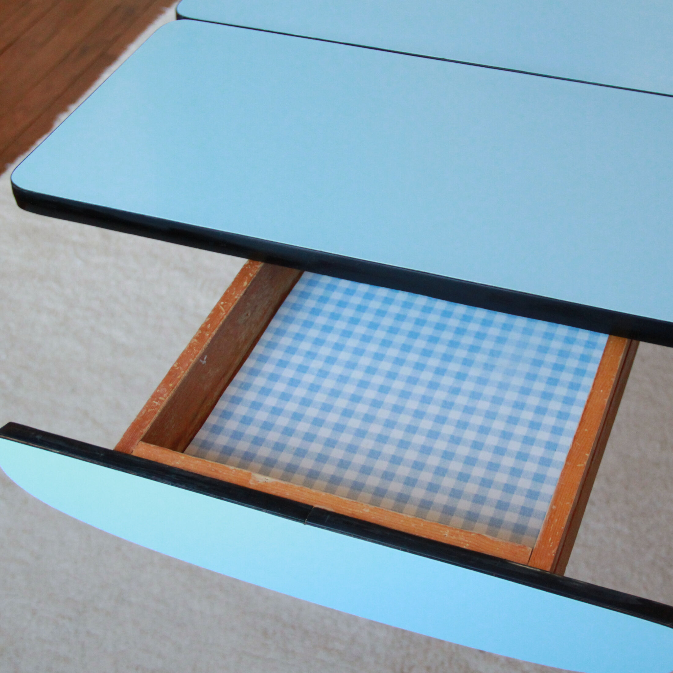 Blue formica table extensions and 2 drawers