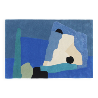Tapis bleu tufté à la main, fait à la main, abstrait ( titré MAN IN SHOWER C )